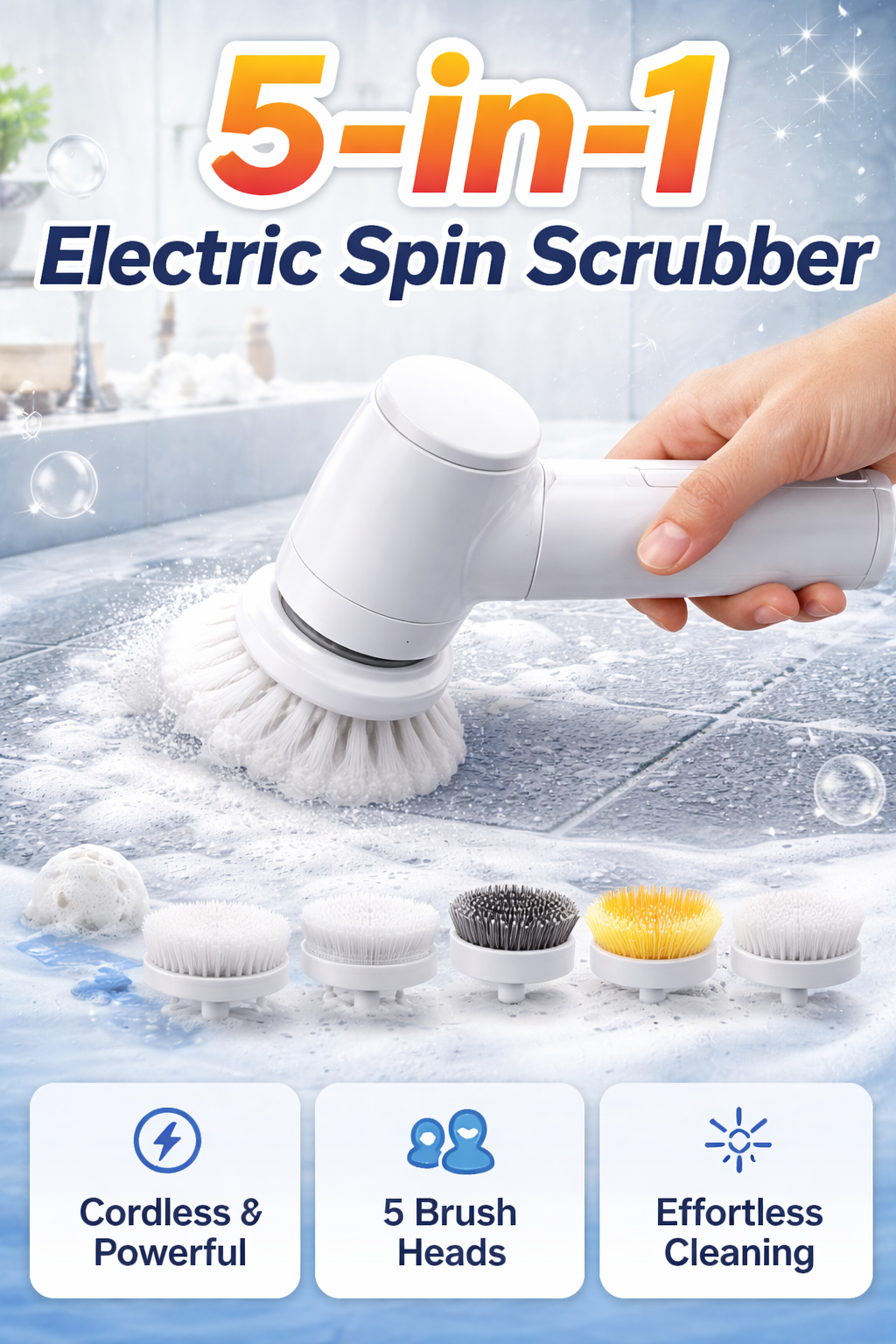 5-in-1 Electric Spin Scrubber – Cordless Multi-Surface Cleaner